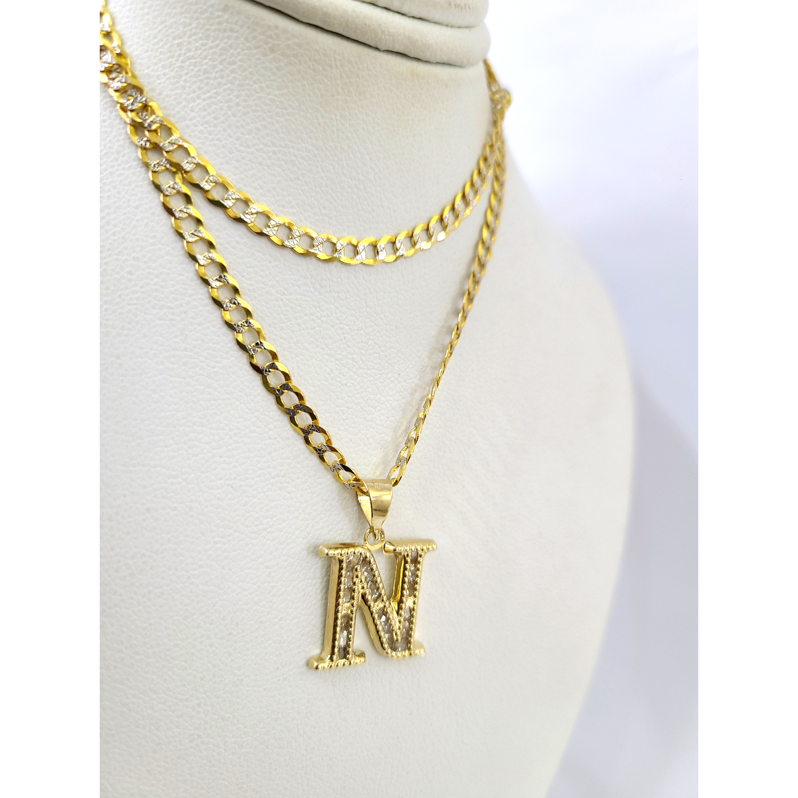 10k Gold Cuban Curb Chain Necklace N Initial Alphabet Pendant Charm 3mm Necklace