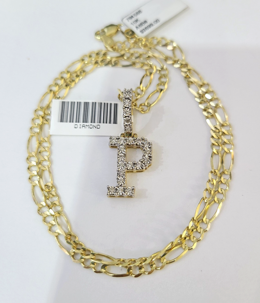 10k Gold Figaro Chain P Diamond Initial Pendant 3mm 20-28 inch SET Necklace