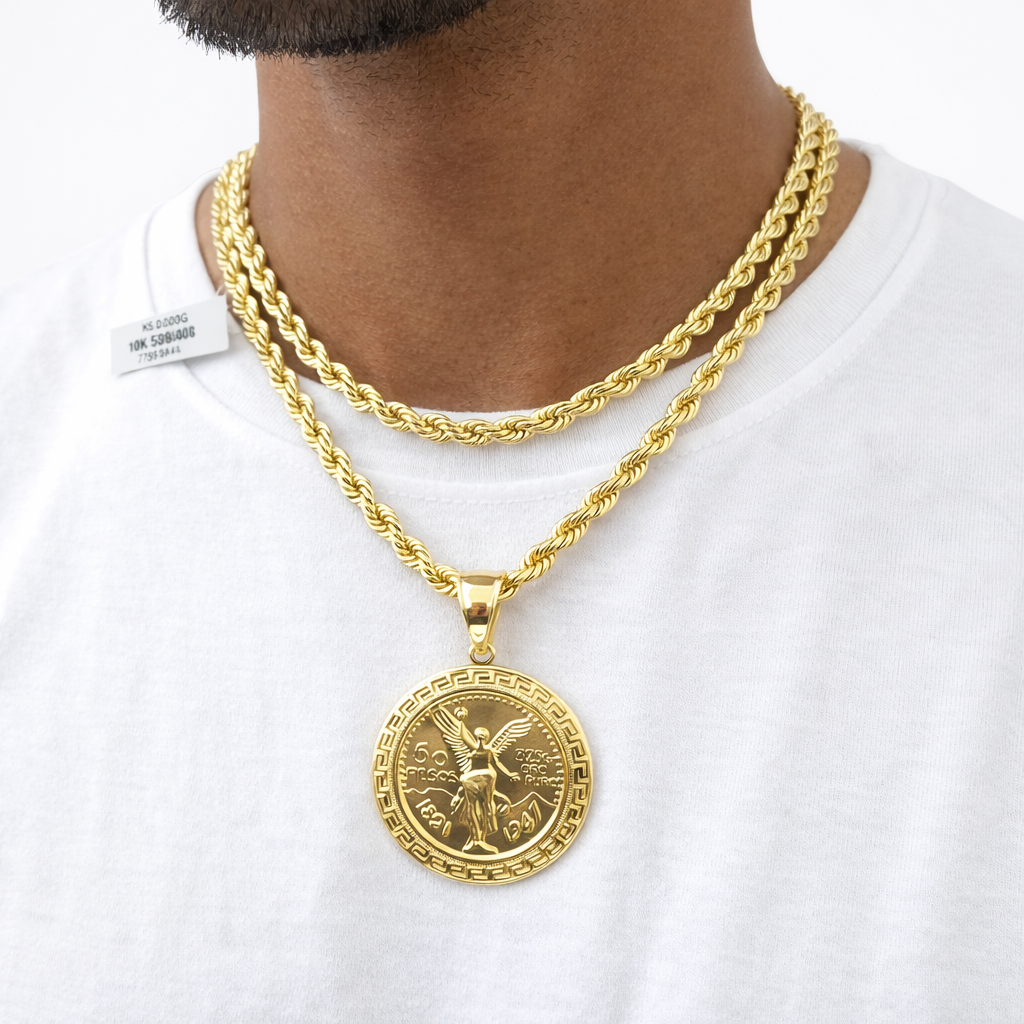 Real 10k Rope Chain Centenario 50 Pesos Charm Necklace SET 4mm 18"-24" Pendant