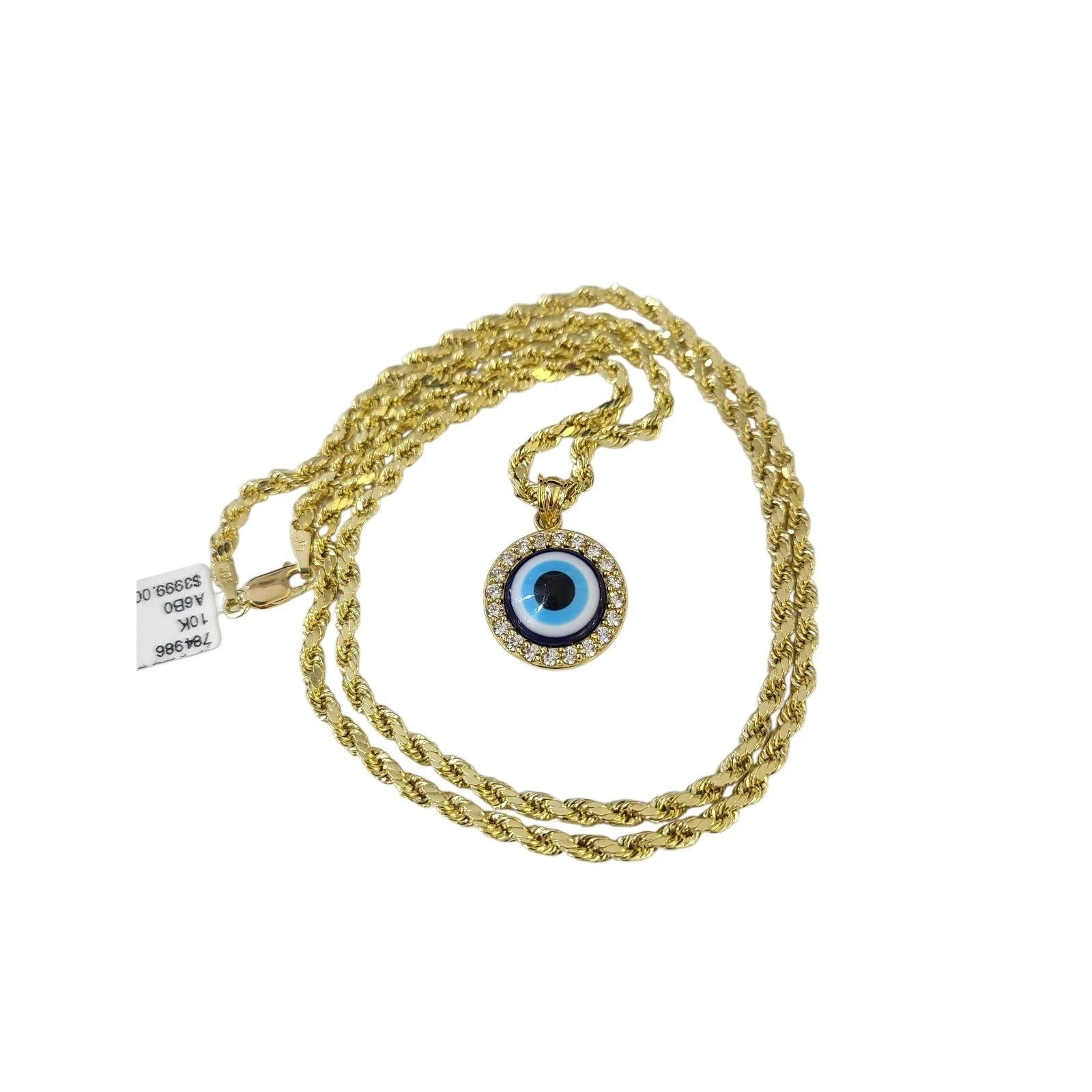 Real 10K Gold Rope Chain 3mm Evil Eye Charm Pendant Set Mens Womens 18"-28"