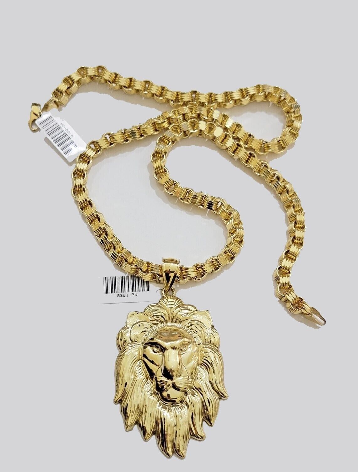 10kt Real Gold Box Byzantine Necklace Lion Charm Pendant SET 28 Inches Chain 6mm