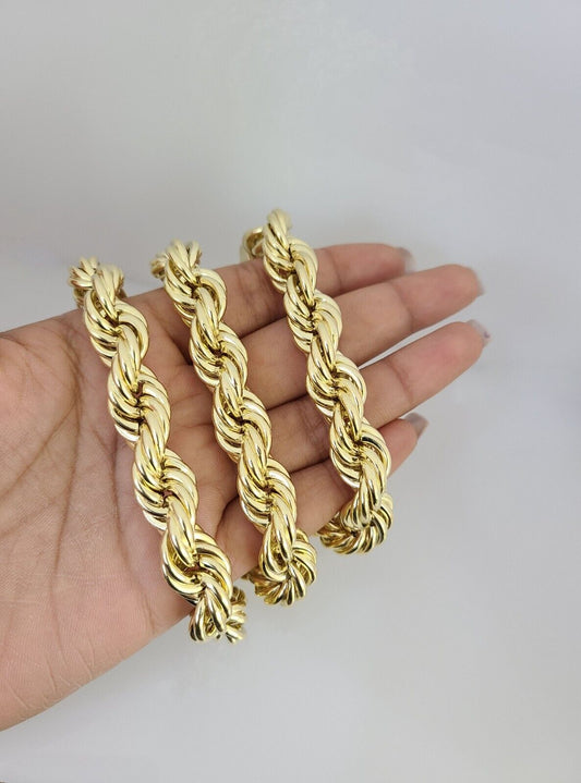 10k Rope Chain Necklace 12mm Thick Link Diamond Cut 24" Men Women Yellow Gold