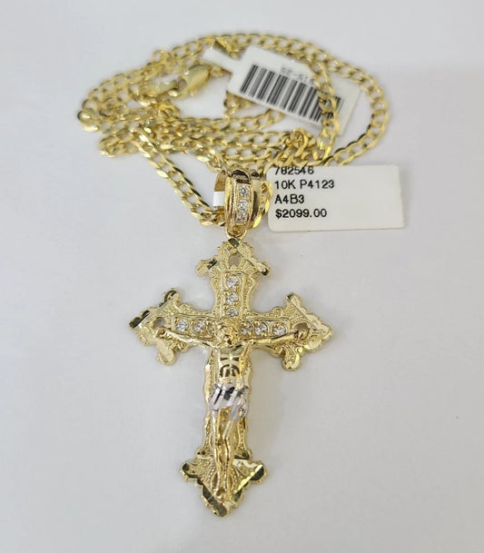 10k Yellow Gold Solid Cuban Curb Chain Jesus Cross Pendant Charm 3mm Necklace