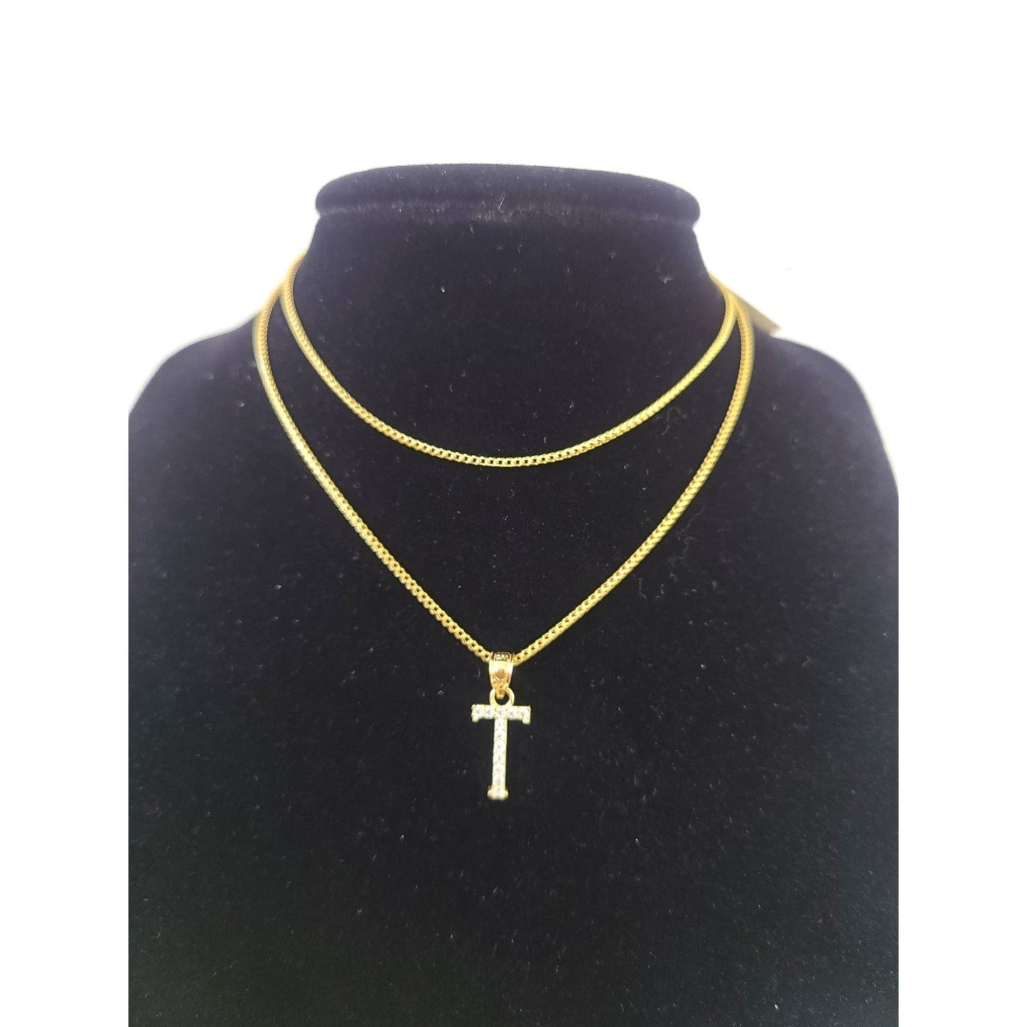 10K Gold Solid Franco Chain T Initial CZ Stone Pendant Set 1mm 16 18 20 22 Women