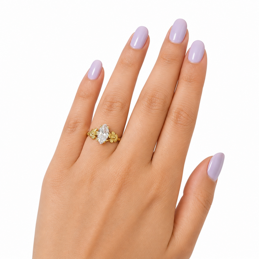 10k Gold Floral Marquise CZ Ring Women Yellow Gold Flower Design Statement