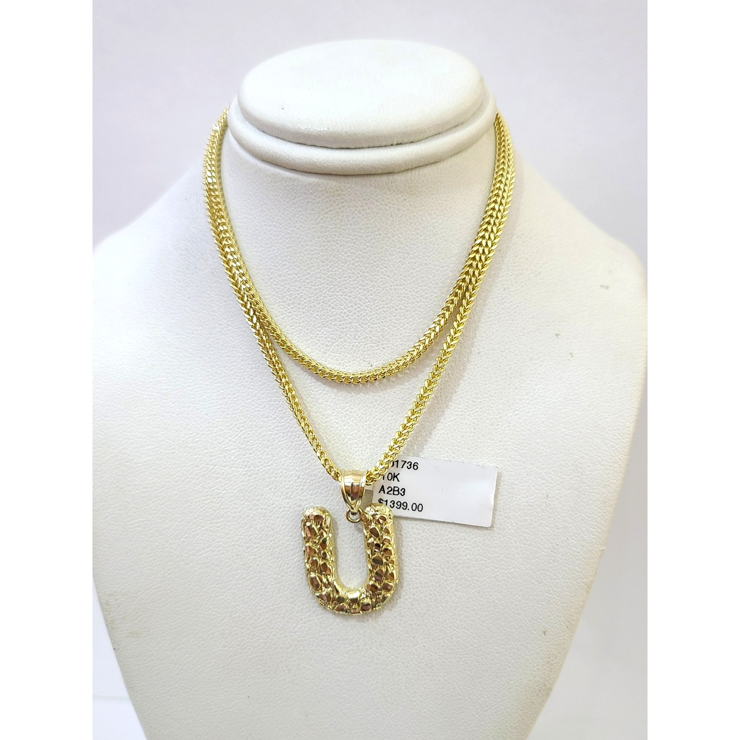 10k Gold Franco Chain 2.5mm U Nugget Initial Charm 16"-26" Pendant Necklace SET
