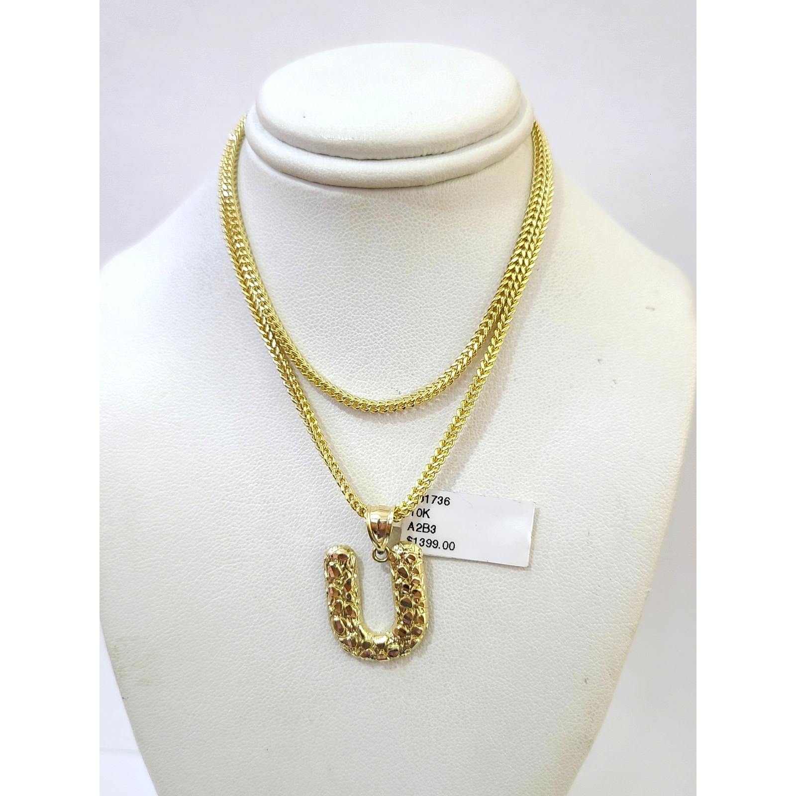 10k Gold Franco Chain 2.5mm U Nugget Initial Charm 16"-26" Pendant Necklace SET