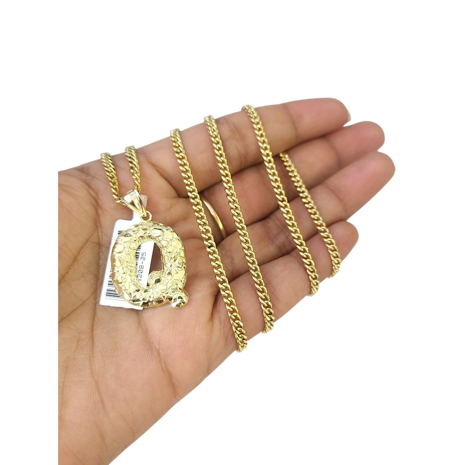 Real Gold 10k Chain Miami Cuban Link 2.5mm Q Initial Charm Necklace Pendant SET