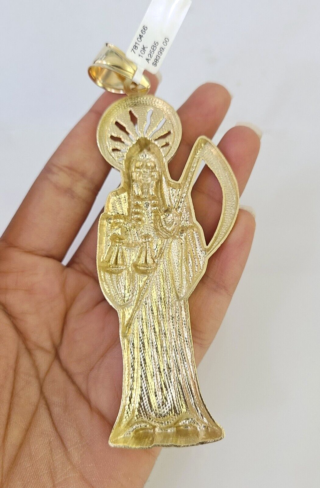 10k Santa Muerte Charm Pendant Mens REAL 10Kt Saint Reaper Yellow Gold