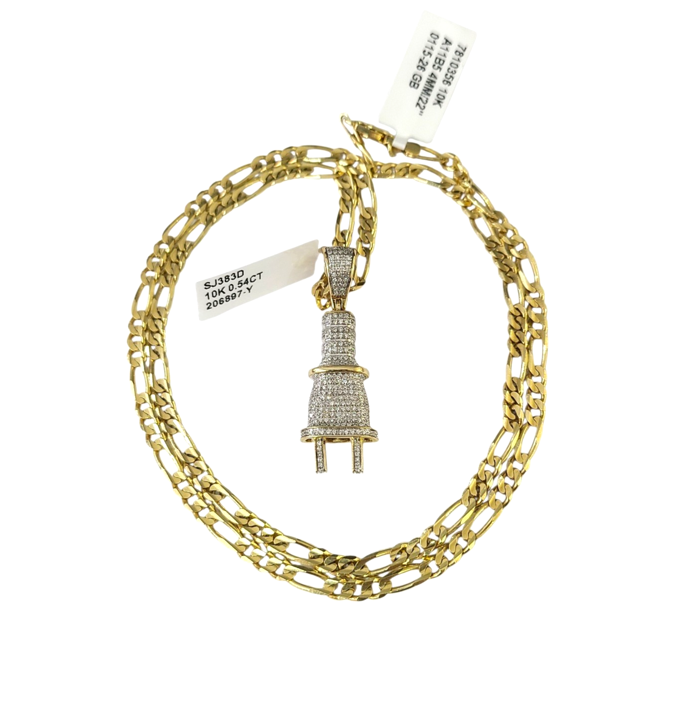 10k Solid Figaro Chain Plug Diamond Charm Necklace SET 4mm 22" Pendant