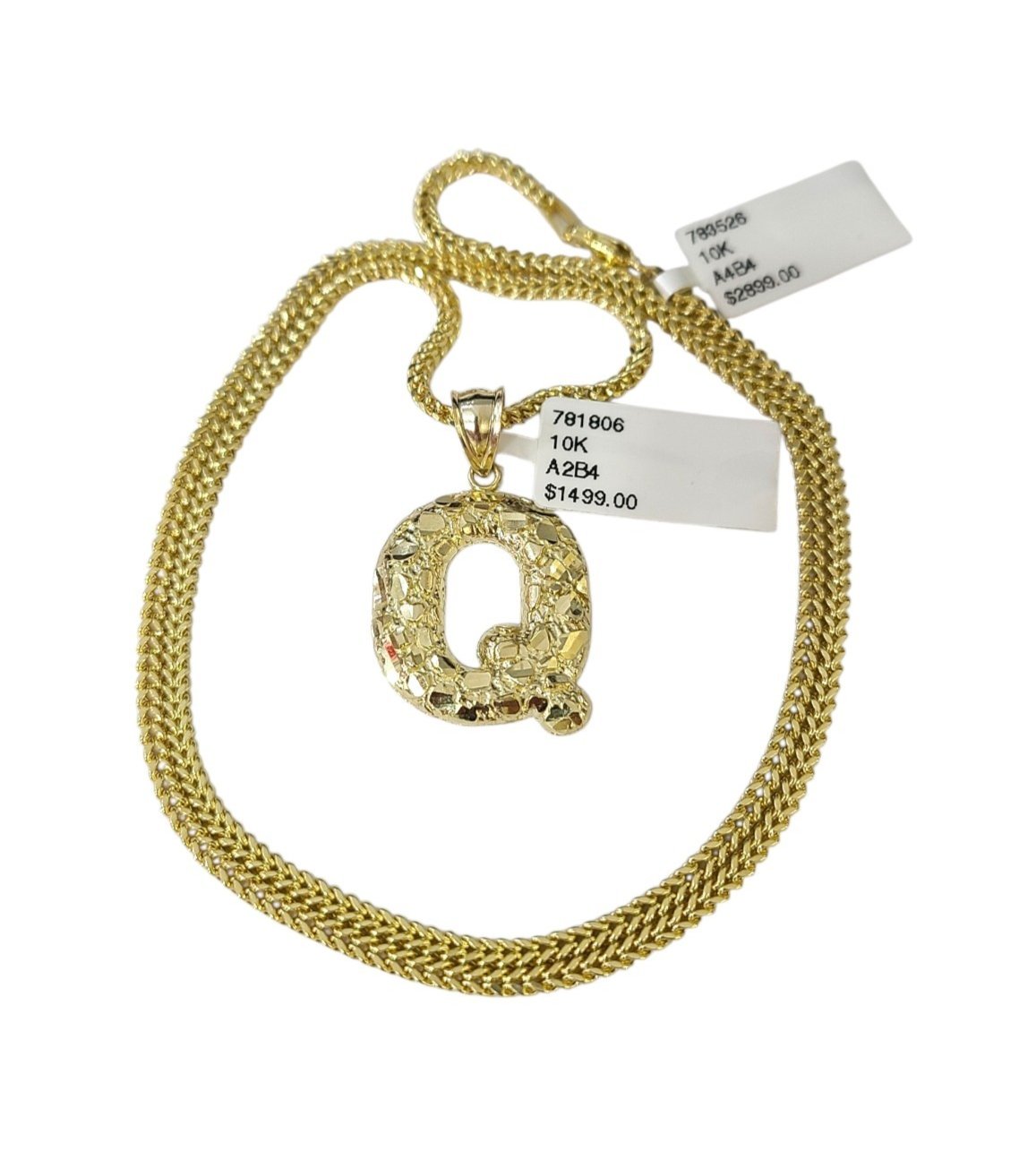 10k Gold Q Nugget Initial Charm Franco Chain 2.5mm 16"-26" Pendant Necklace SET