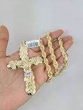 10kt Gold Solid Rope Chain Nugget Cross Charm Set 18"-30'' Inch 7mm Pendant