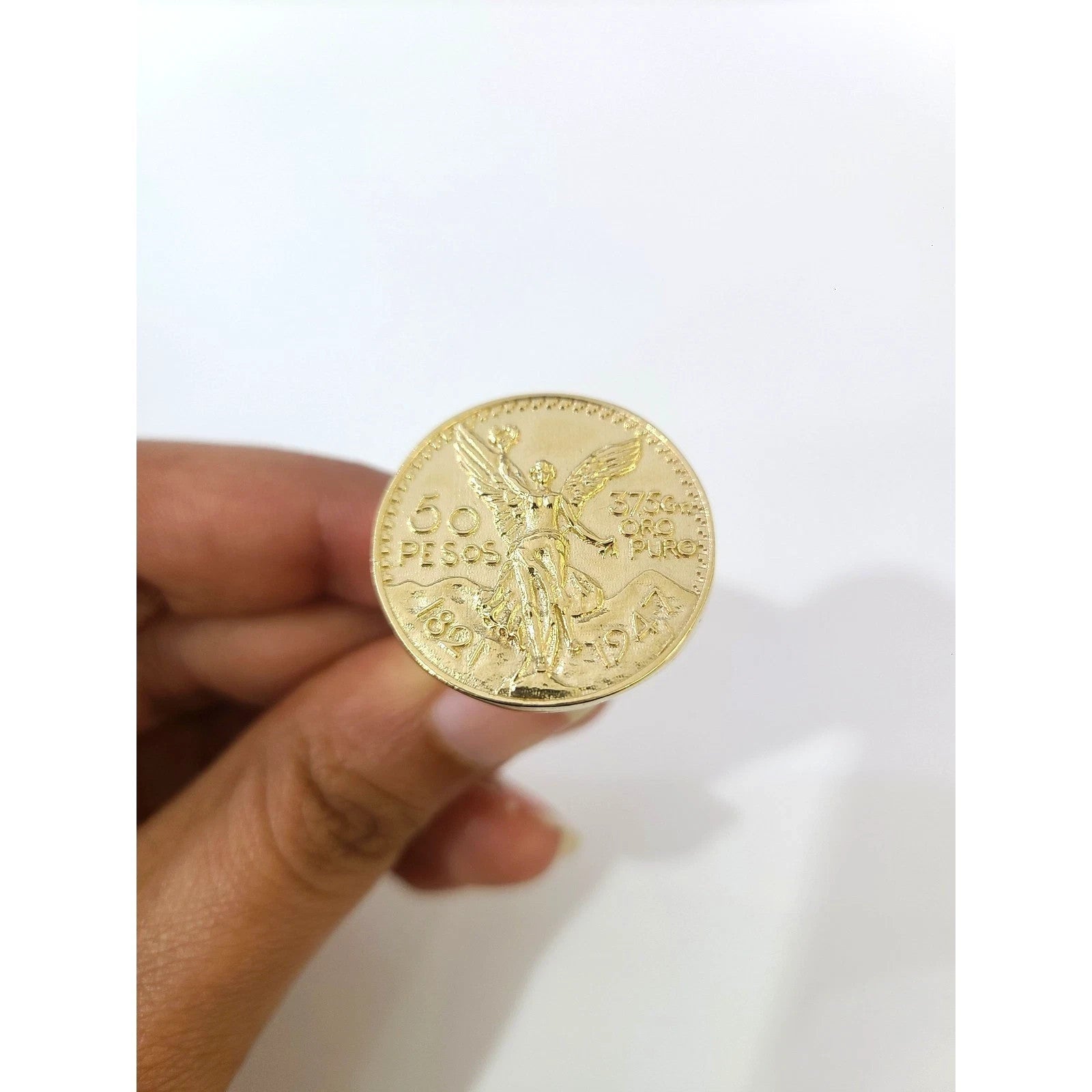 Mens 14K Gold 50 Pesos Coin Ring CZ Bezel Liberty Signet Pinky Statement Ring