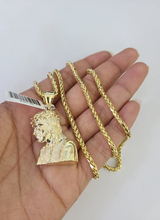 10k Palm Chain Jesus Head Charm Pendant 3mm Set 18"-26" in Necklace