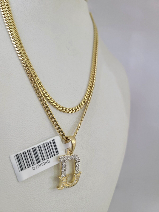 10k Gold Solid Miami Cuban Chain Diamond D Initial Pendant 2.5mm 18"-24" Set