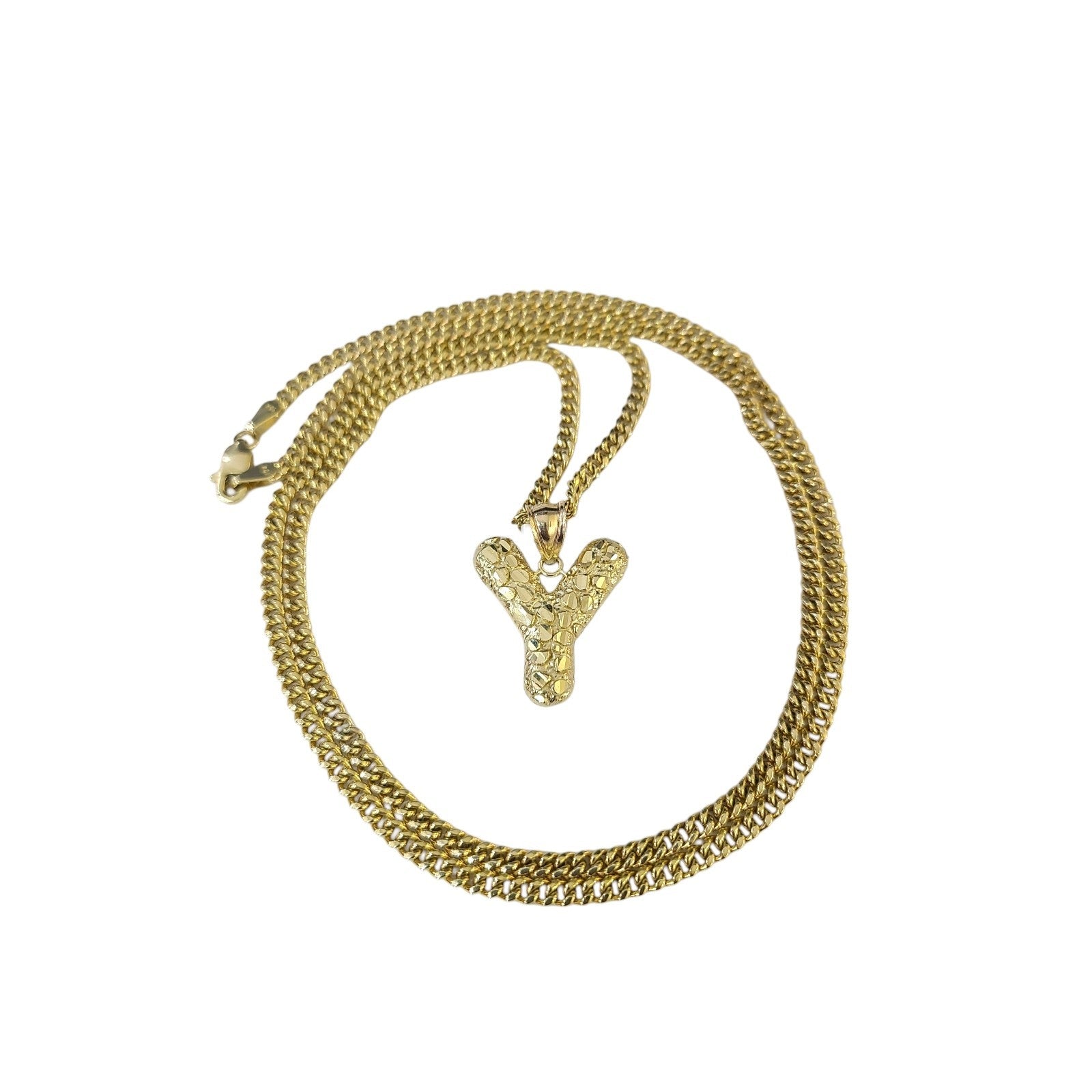 Real Gold 10k Miami Cuban Link 2.5mm Chain Y Initial Charm Necklace Pendant SET