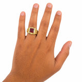 10K Real Gold Red CZ Square Ring Mens Signet Pinky Bold Statement Ring