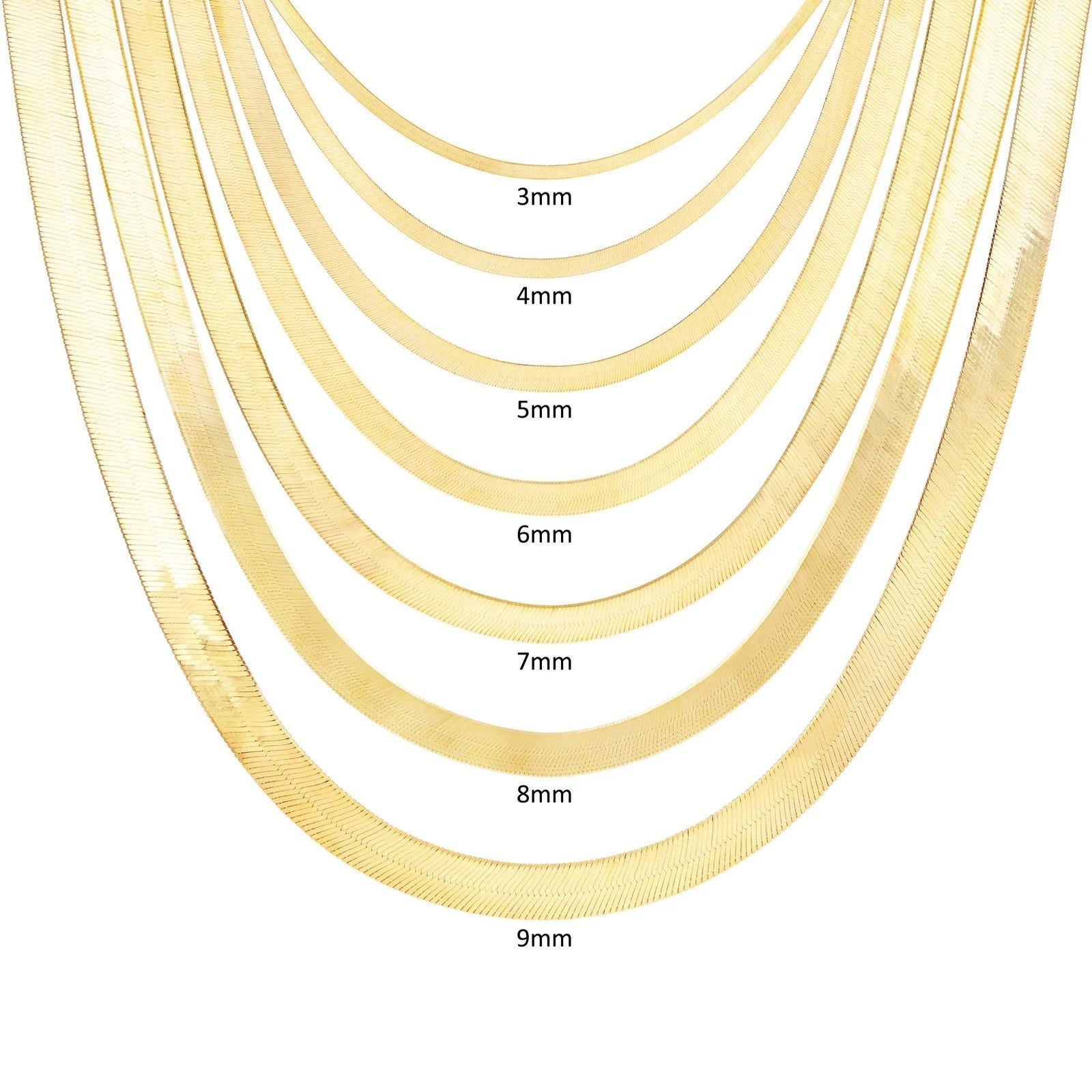 Solid 10K Yellow Gold 3mm-9mm Flat Herringbone Chain Necklace Women Men 16"- 24"