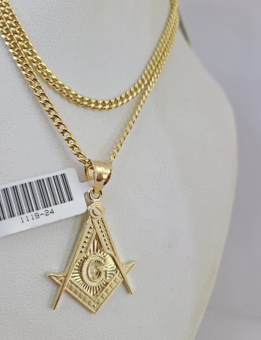 10k Gold Miami Cuban Chain Masonic Charm Pendant 3mm 18-28 Inch Necklace Set