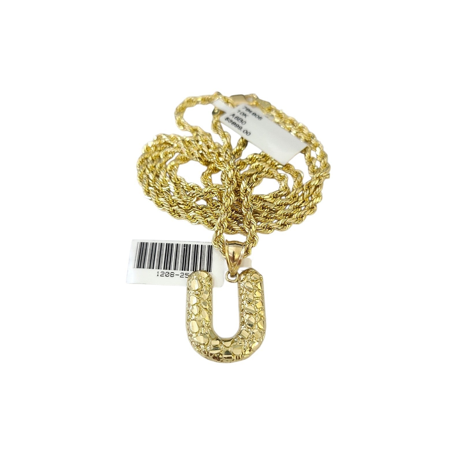 Real 10k Rope Chain U Initial Charm 3mm 18"-28" Necklace Nugget Set Pendant Gold