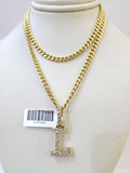 10K Gold Miami Cuban Chain L Diamond Initial 20"-28" 3mm Pendant Necklace SET