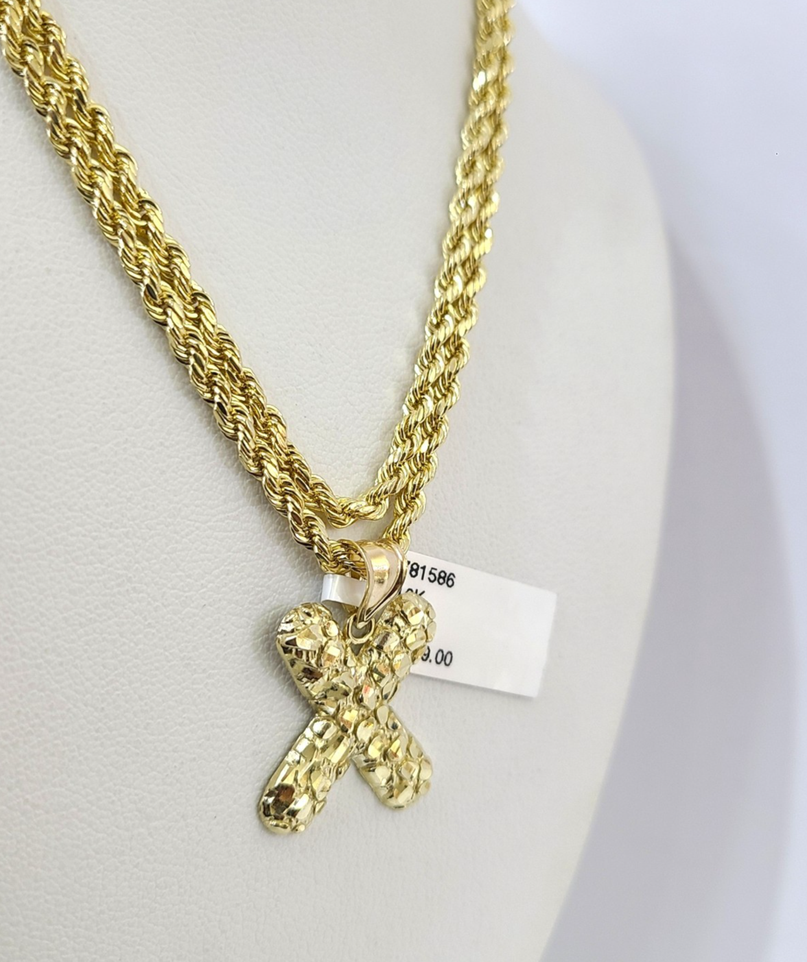 Real 10k Rope Chain X Nugget Initial Charm 3mm 18"-28" Necklace Set Pendant Gold