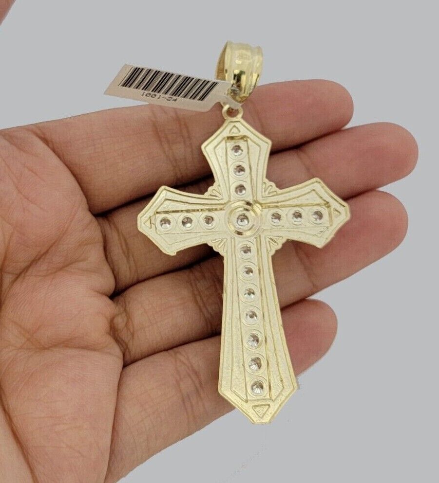 10k Yellow Gold Jesus Cross Charm Pendant 2.75 Inch Real 10kt With Stones