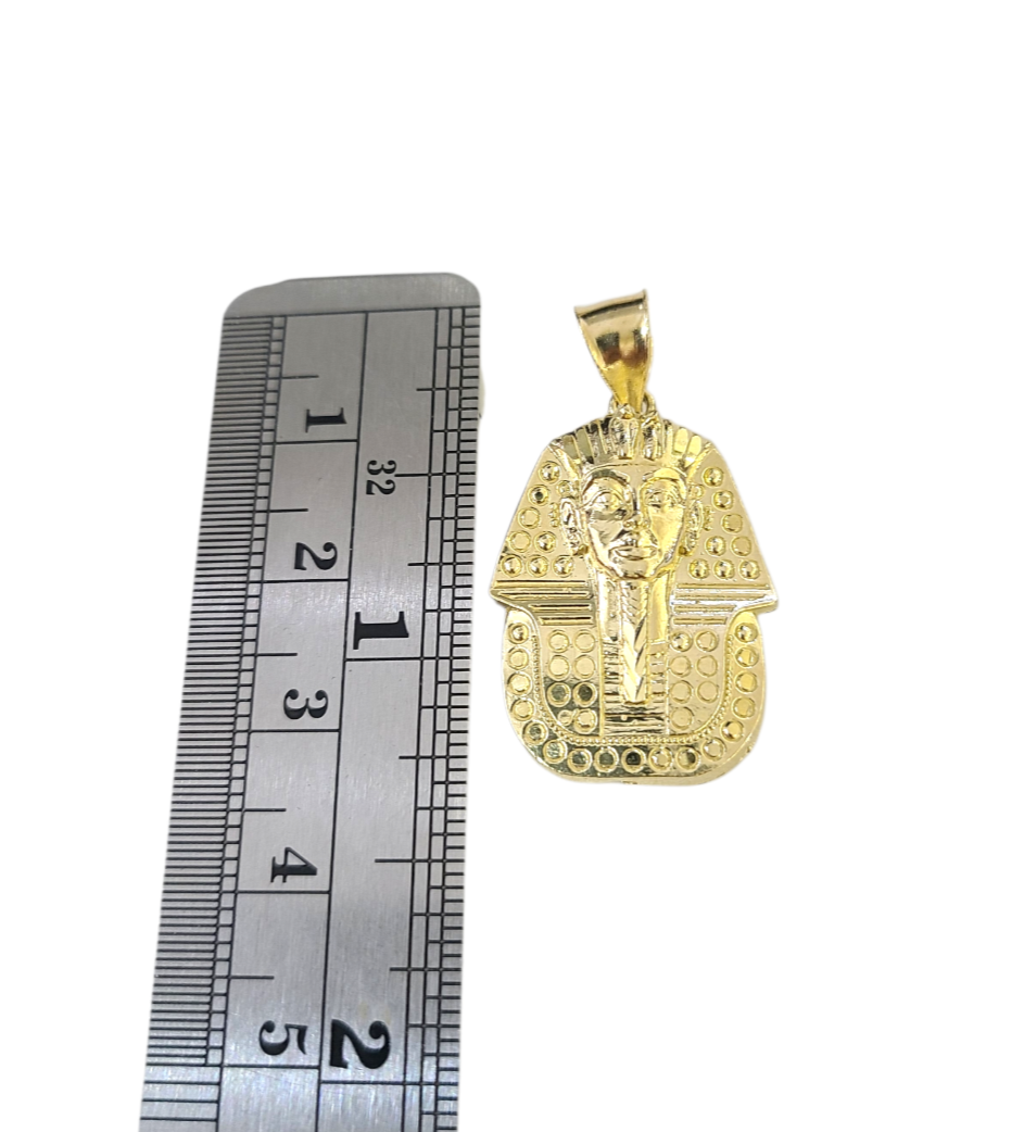 10k Gold Pharaoh Head Charm Pendant Chain Cuban Curb 3mm Necklace Set 18"-28"