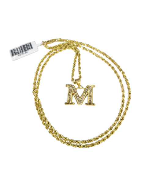 10k 2.5mm Rope Chain M Initial Alphabet Pendant 16"-28" Gold Set Charm Necklace