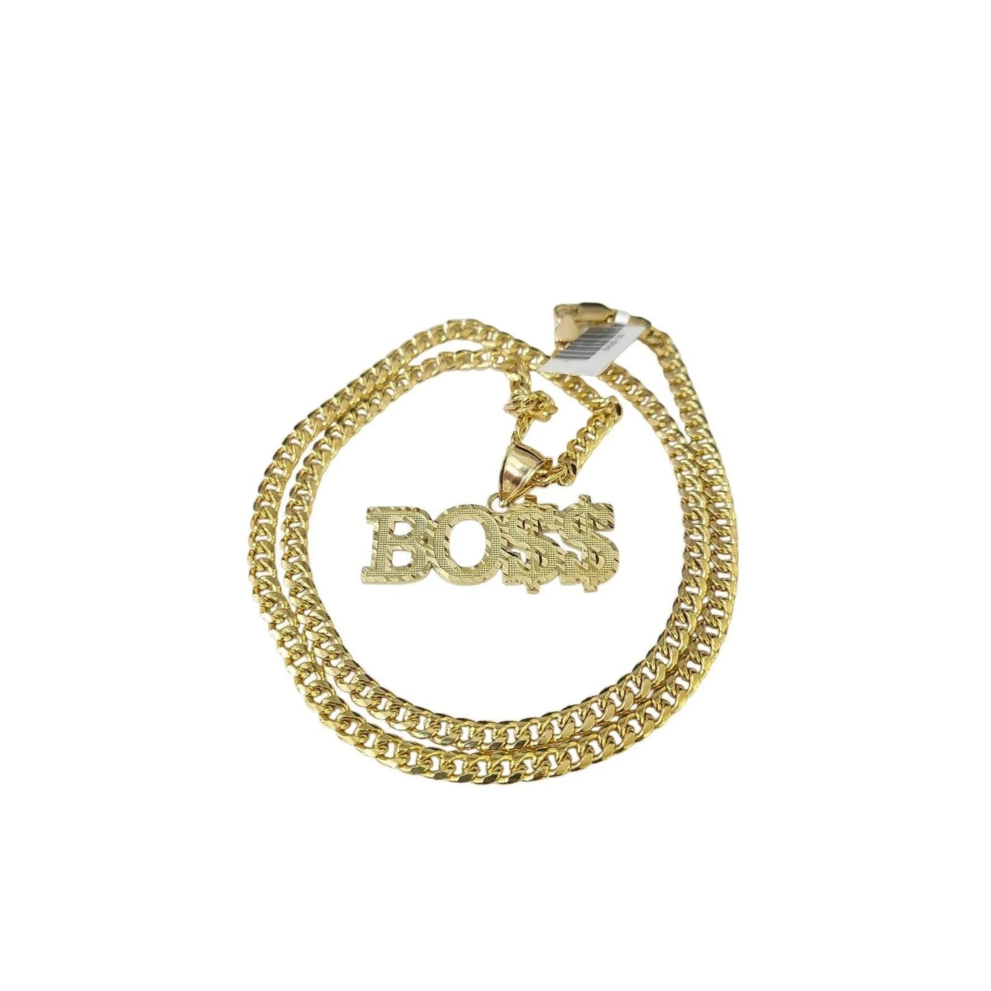 10K Yellow Gold Miami Cuban Link Chain Set Bo$$ Charm Pendant 4.5mm 18-28"
