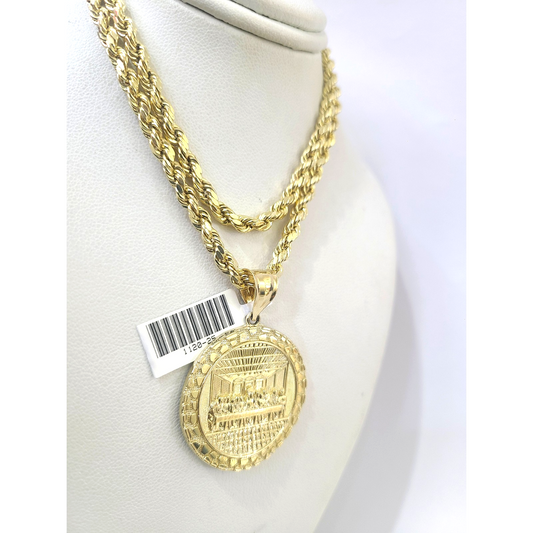 10k Rope Chain Nugget Last Supper Charm Necklace Pendant Set 4mm 20"-30" Gold