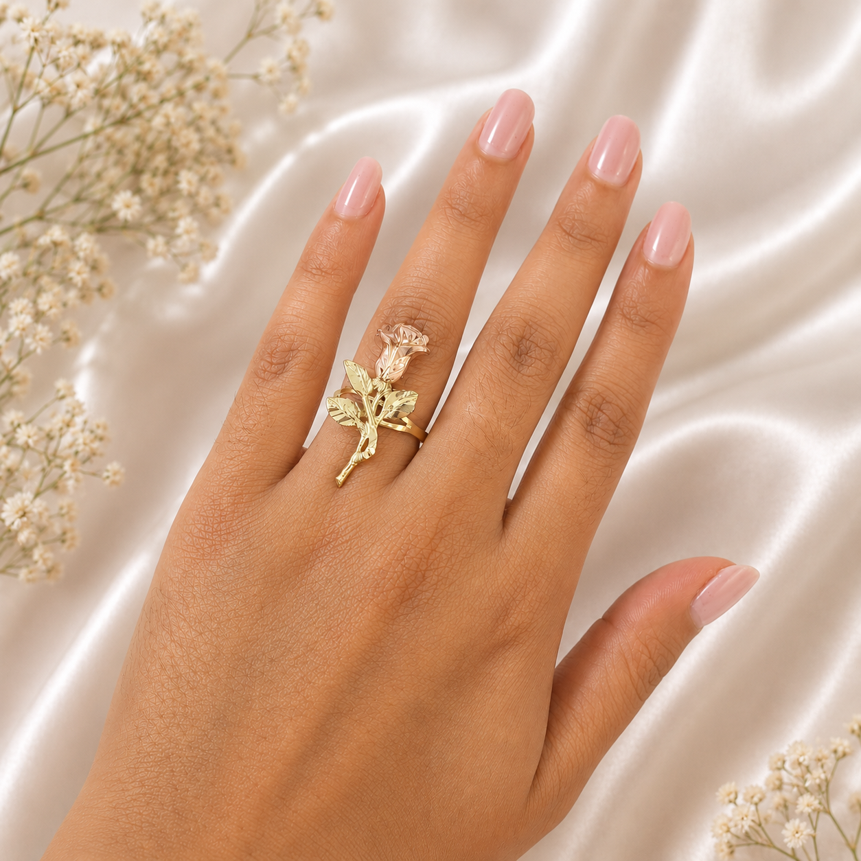 10k Gold Rose Flower Ring Two Tone Pink Yellow Gold Floral Open Ring Ladies