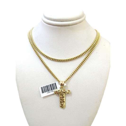Real Gold 10k Chain Miami Cuban Link Necklace 2.5mm T Initial Charm Pendant SET