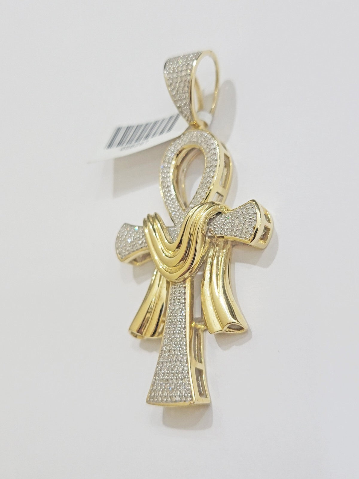 Real 10k Yellow Gold Diamond Ankh Cross Charm Pendant 0.80 CT Mens 2.5Inch