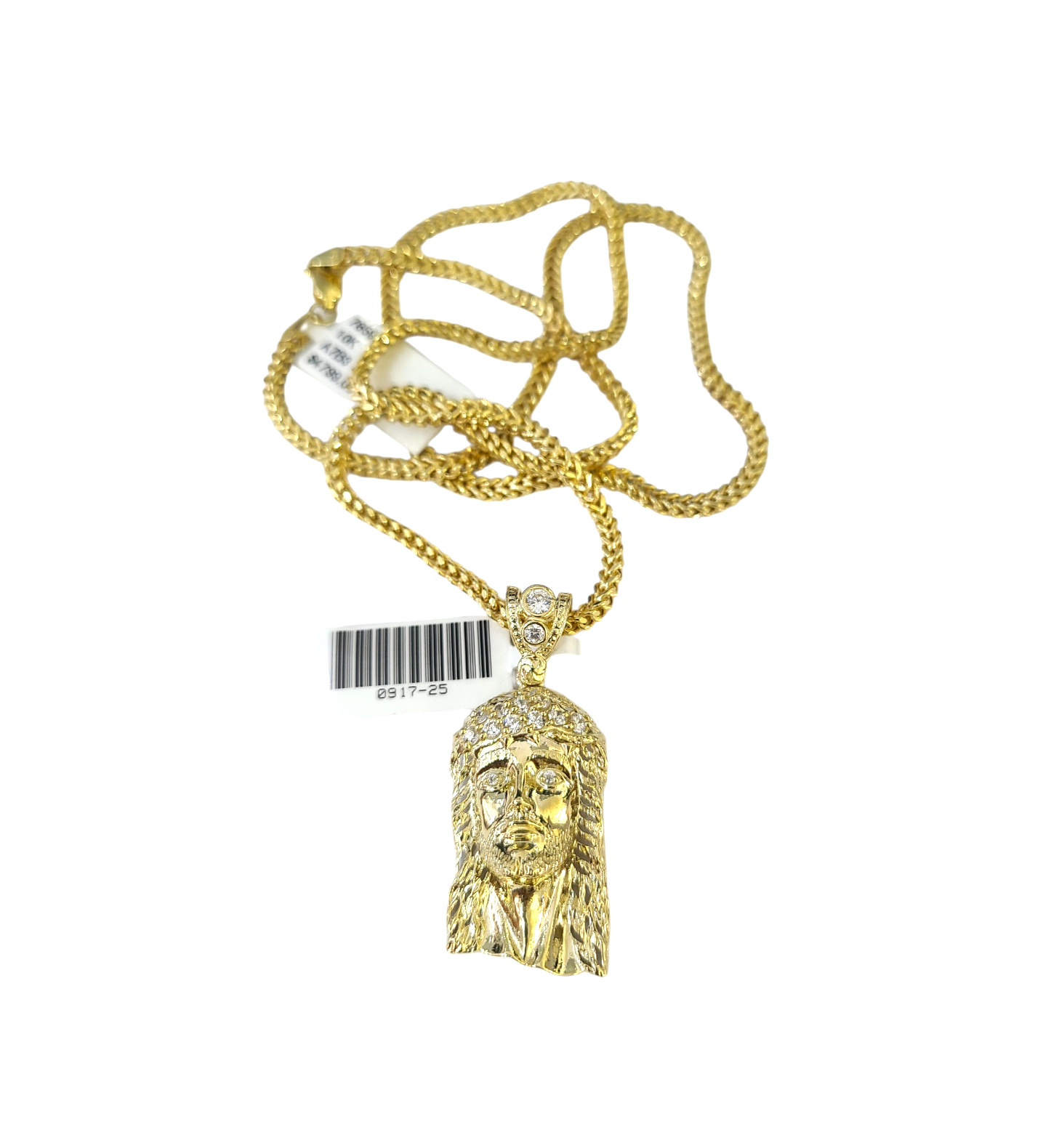 Real 10k Gold Franco Chain Christ Head Charm Pendant Necklace SET 2.5mm 18"-26"