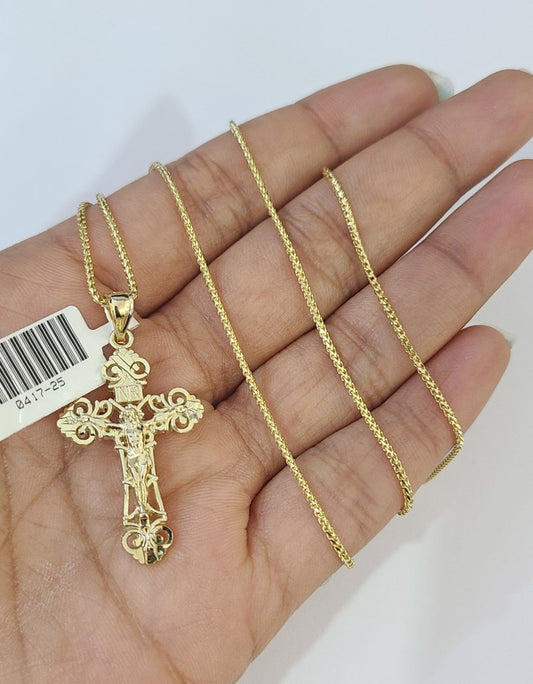 10kt Franco Gold Chain Necklace INRI Cross Pendant Charm 1mm 16-22 Inches Ladies