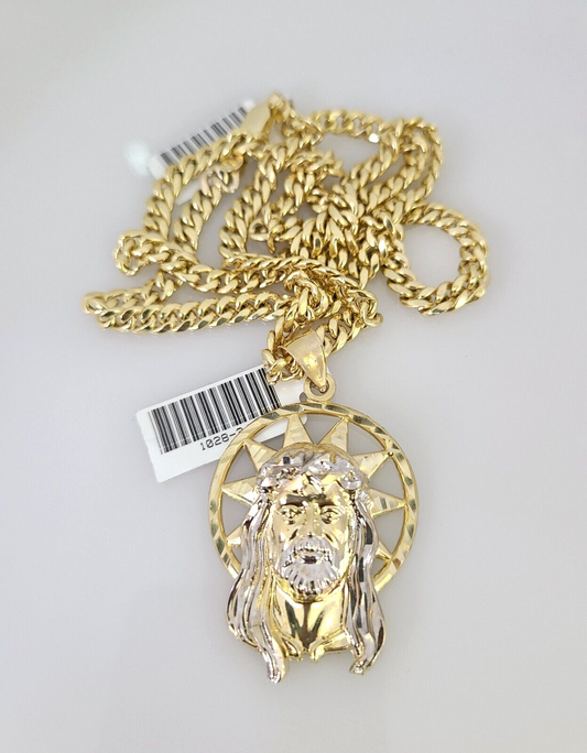 10kt Gold Miami Cuban Chain Jesus Head Charm Pendant 5mm 18-28 Inch Necklace