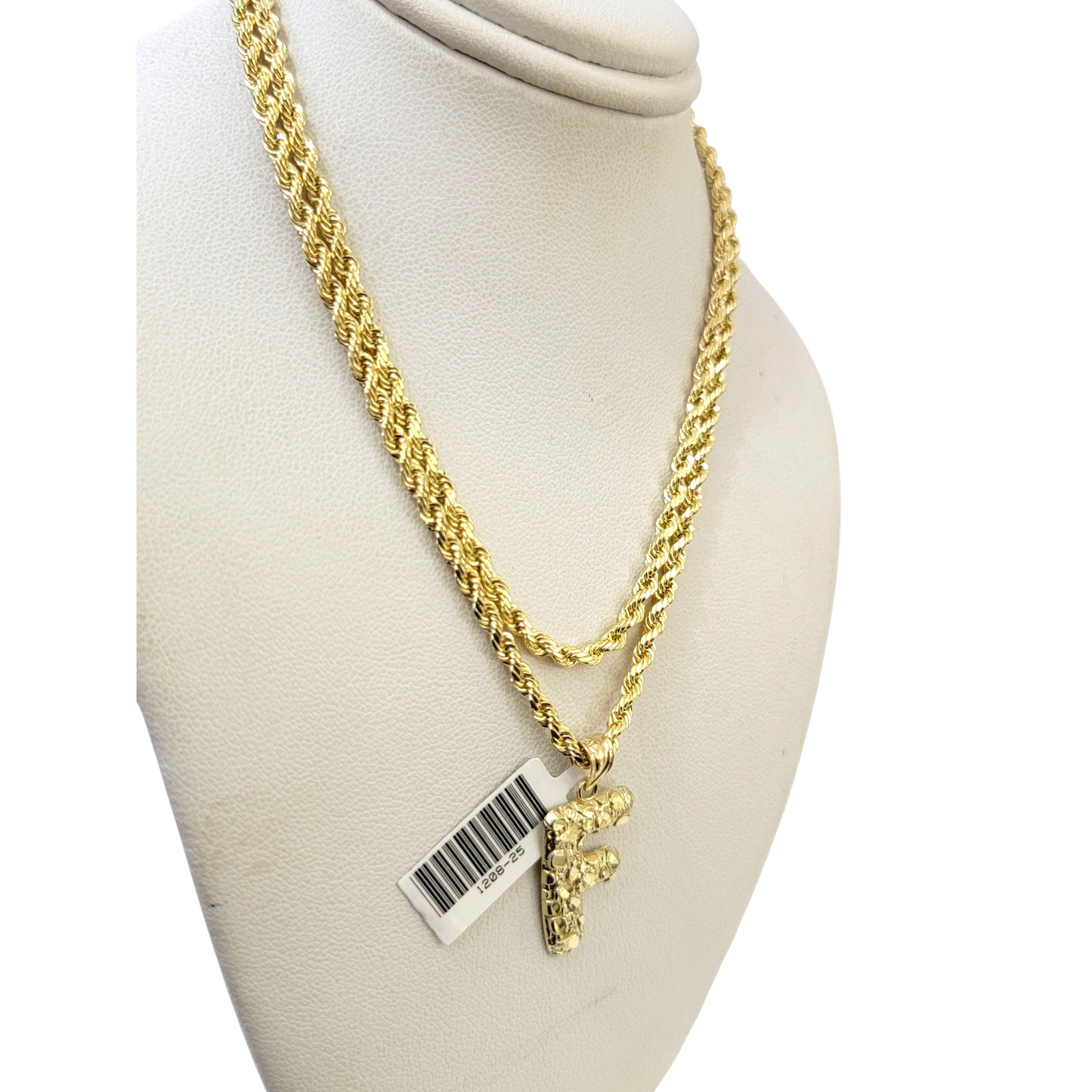 Real 10k Rope Chain Necklace Nugget F Initial Charm Set 3mm 18"-28" Pendant Gold