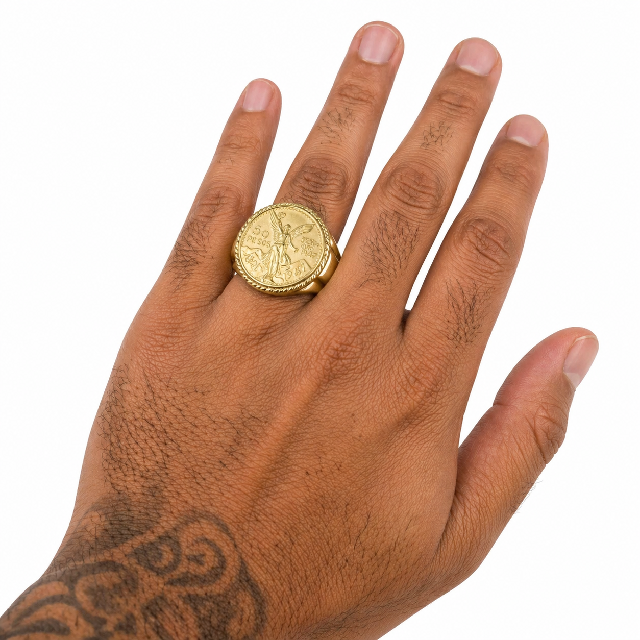 Mens 14K Gold 50 Pesos Coin Ring CZ Bezel Liberty Signet Pinky Statement Ring
