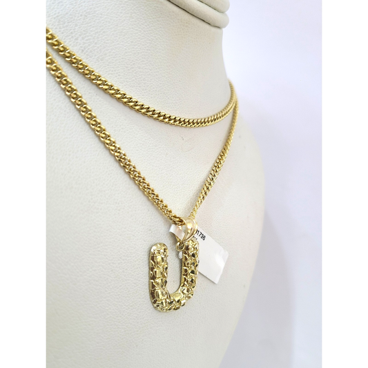 10k Real Gold Chain Miami Cuban Link 2.5mm U Initial Charm Necklace Pendant SET