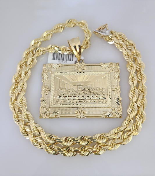 10kt Gold Solid Rope Chain Last Supper Charm Set 18"-30'' Inch 7mm Pendant