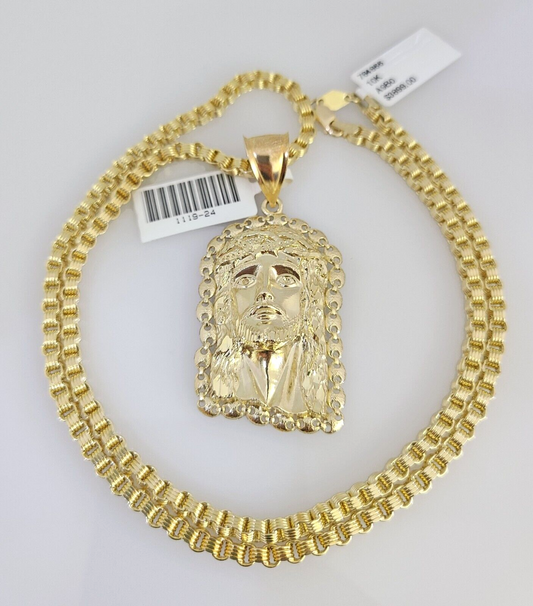 Real 10k Gold Byzantine Necklace Jesus Head Charm SET Chain 20"-30" 3mm Pendant
