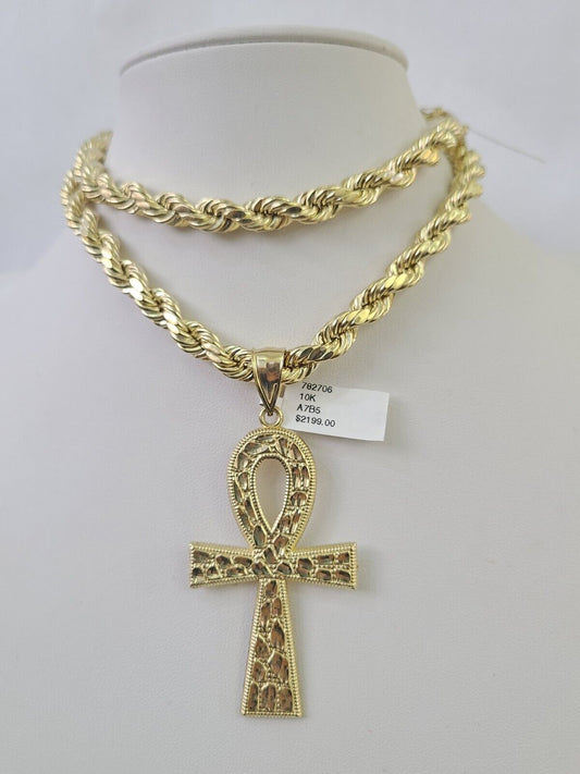 REAL 10k Gold Rope Necklace Nugget Ankh Cross Pendant SET Chain 18-30'' 8mm Mens