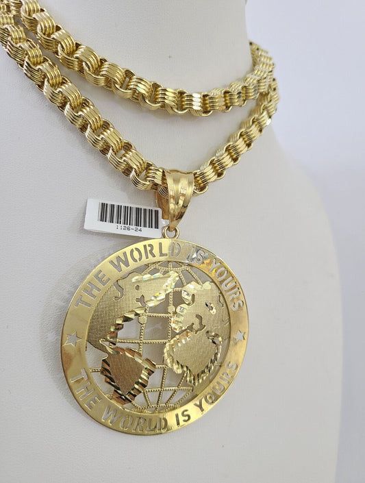 10k Gold Byzantine Chain Necklace World is Yours Pendant Charm SET 20"-30" 7.5mm