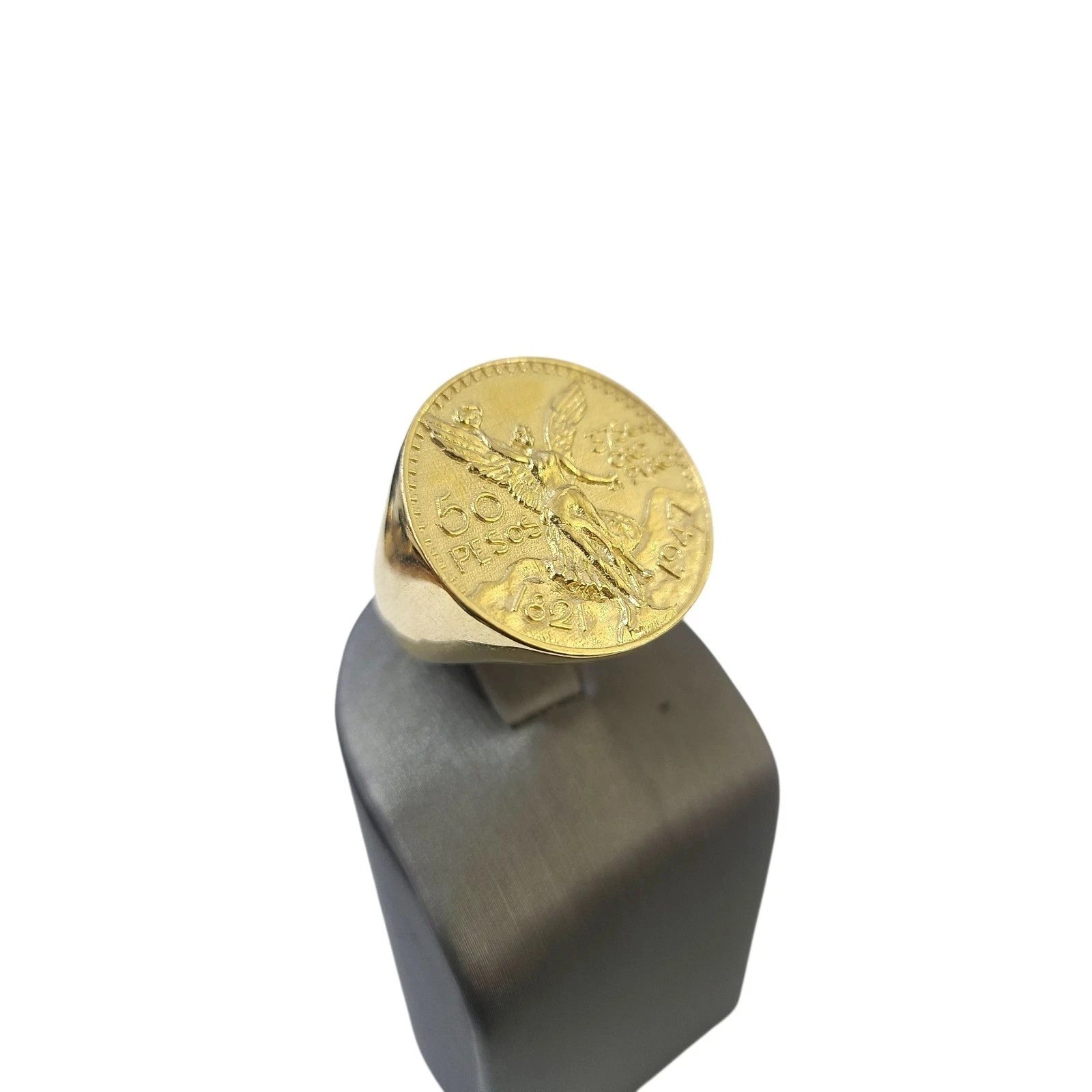 Mens 14K Gold 50 Pesos Coin Ring CZ Bezel Liberty Signet Pinky Statement Ring