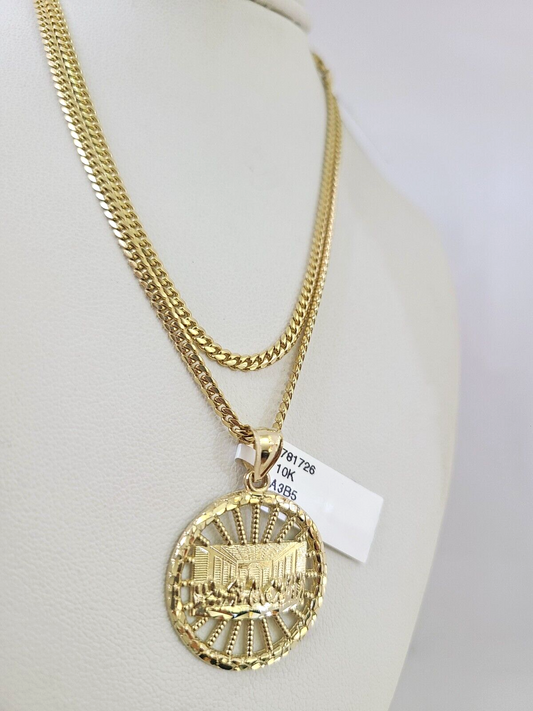 10k Gold Solid Miami Cuban Chain Necklace Last Supper Pendant 2.5mm 18-24" Set