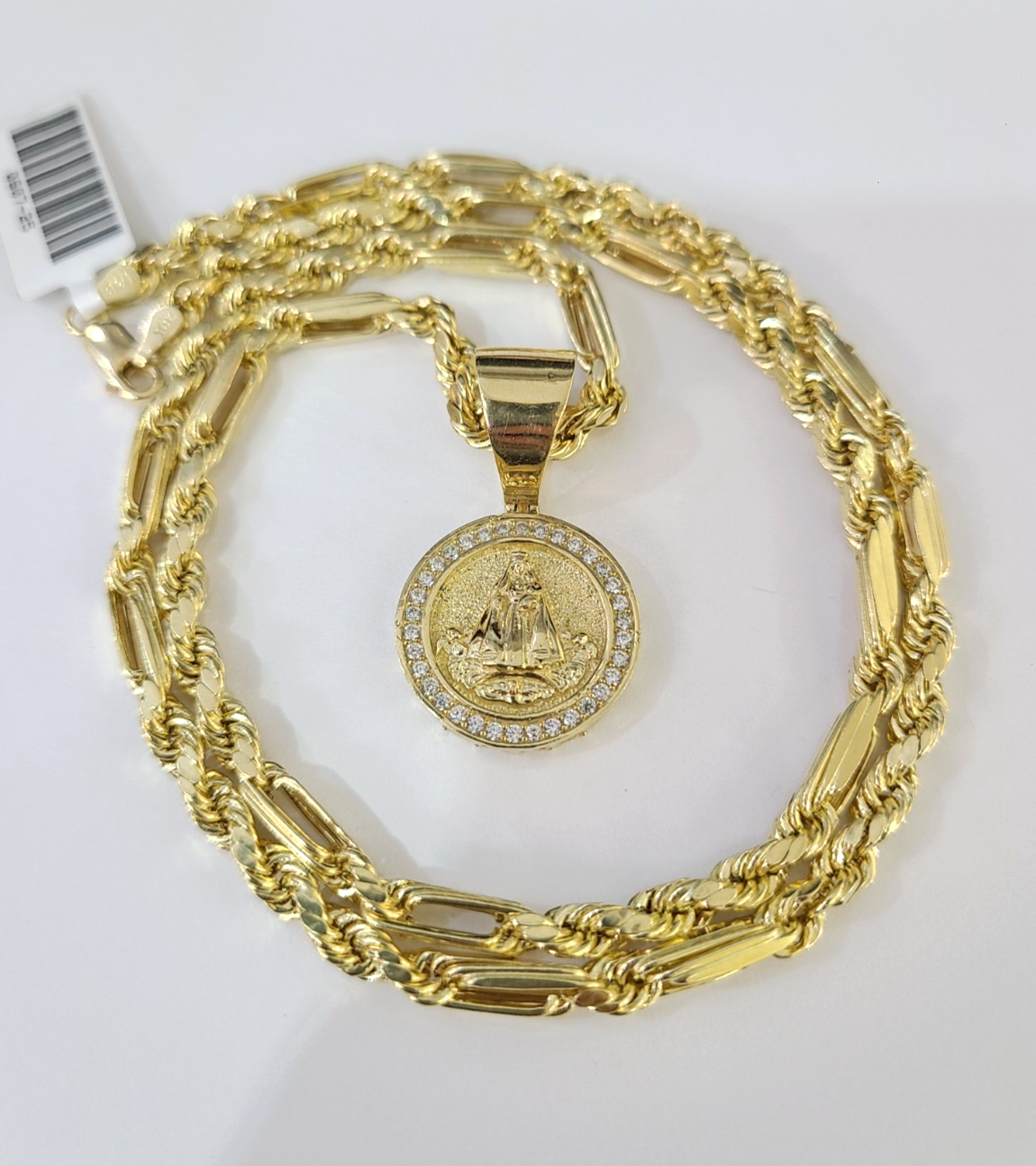 10k Gold Milano Rope Chain Virgin Mary Charm Necklace SET 4mm 18"-28" Pendant