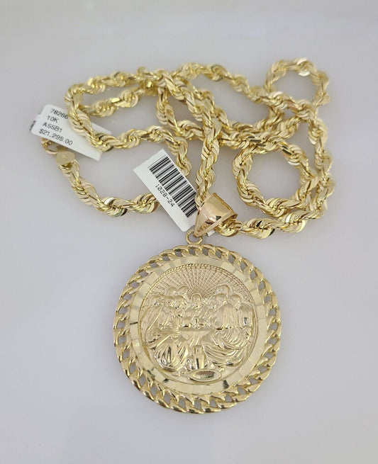 REAL 10k Solid Rope Necklace 6mm Last Supper Pendant SET Chain 20"-30'' Gold
