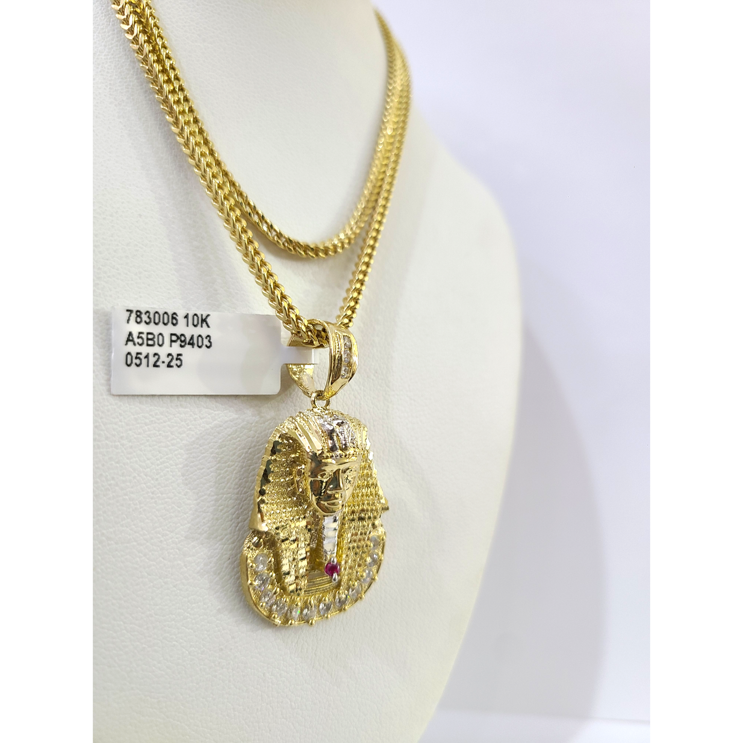Real 10k Gold Franco Chain Pharaoh Head Charm 2.5mm 18"-26" Pendant Necklace SET