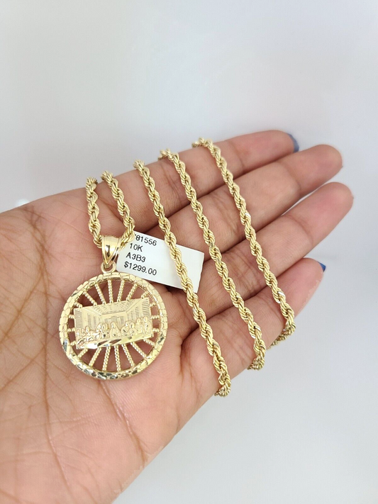 REAL 10k Solid Rope Chain Last Supper Charm Pendant 3mm Necklace Set 18"-26" in